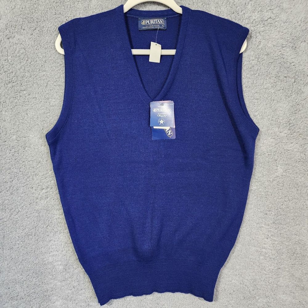 Vintage Puritan Mens Sweater Vest Orlon Acrylic Blue V Neck Size Large‎ NWT